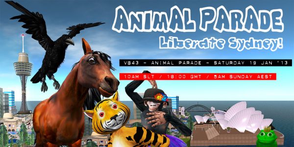 Animal Parade showing a horse, an eagle, and a number of other animal species superimposed over a background of the Australia (Sydney) region of Second Life