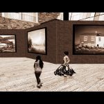 Selenium toned black & white photograph of Xue Faith & Peri Afarensis viewing the galleries in Afarensis' museum