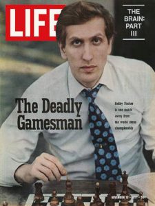 Bobby Fischer on the cover of Life magazine in 1971 with the text "The Deadly Gamesman"