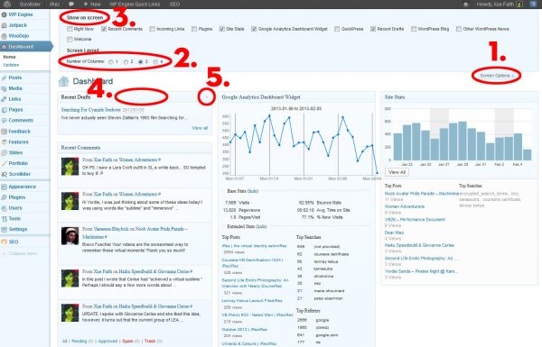 ScreenCap of WordPress 3.5.1 backend Dashboard showing various choices circled and a 3-column layout with various statistics displayed