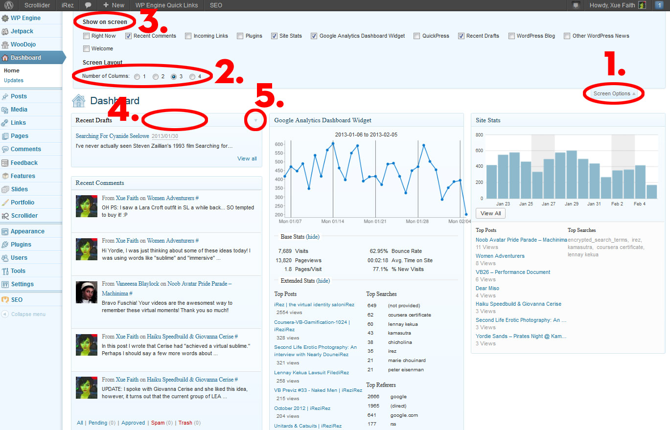 ScreenCap of Wordpress 3.5.1 backend Dashboard showing various choices circled and a 3-column layout with various statistics displayed