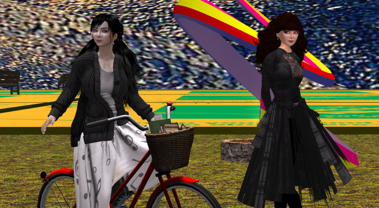 two avatars in a grassy plane. Xue Faith wears a sweater and rides a bicycle. Miso Susanowa stands in an elegant black dress