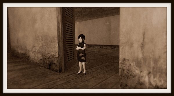 Sepia toned photograph of a young girl standing in the entrance to a completely empty art gallery