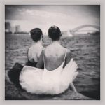 B&W childhood ballet photos of sisters Fiona and Vanessa Blaylock wearing toe shoes in various city locations