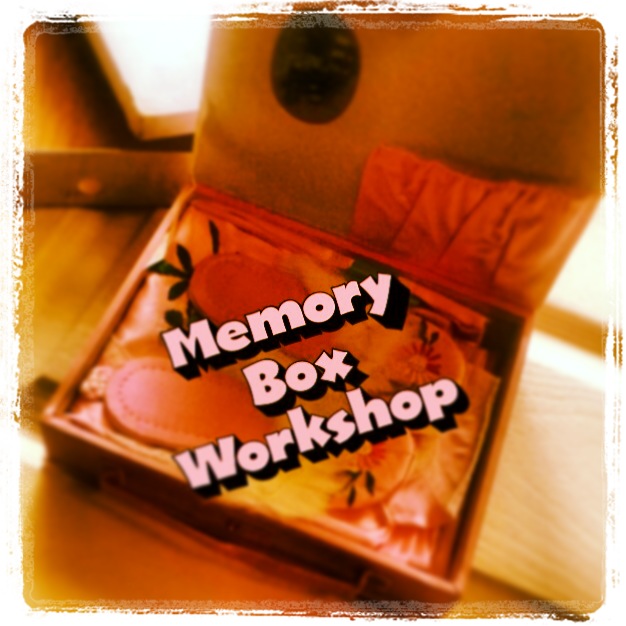 Instagram photo of a small, delicate, pink box filled with various objects and with the text "Memory Box Workshop" superimposed on top of it.