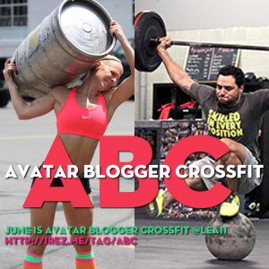 "Avatar Blogger Crossfit" poster showing fleshvatars doing extreme lifting: a woman carries a keg of beer, a man presses weights while standing on one foot on a ball, and with the text June is Avatar Blogger Crossfit Month