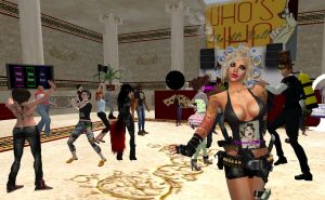 A diverse group of avatars, including Agnes Sharple and Vaneeesa Blaylock, dance at the Alt Ball at Lollygaggers Ballroom in the virtual world of Second Life
