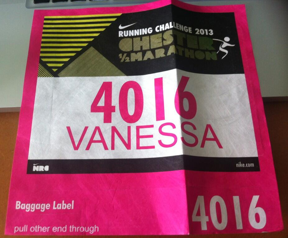 photograph of Vanessa Bartlett's race number for Sunday 12 May Chester Half Marathon