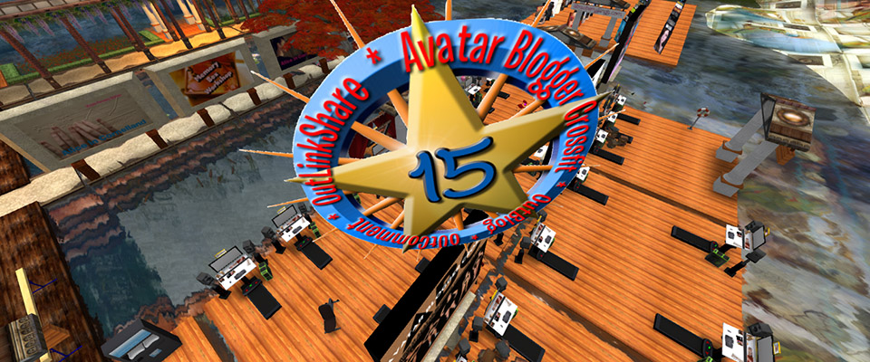 Aerial view of the Avatar Blogger Crossfit gym at LEA11 in Second Life. A large star with the number 15 on it rotates over the gym and the many treadmill workstations