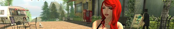 Banner strip from the blog Alex & Haro showing an avatar with flaming red hair standing in a virtual street