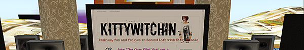 horizontal image of the "Kittywitchin" blog on a video monitor at the Avatar Blogger Crossfit gym at Linden Endowment for the Arts Sim#11 in Second Life