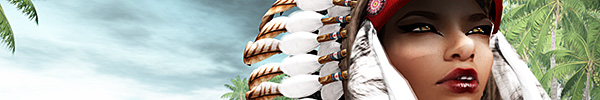 Image of an avatar face looking off-screen into the distance. Her eyes are filled with some intense quality. She wear Native American headdress. Over her shoulder are cloudy skies, not quite turbulent, not quite tranquil, but perhaps in transition.