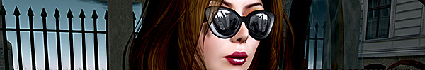 Photograph of a fair-skinned avatar with brunette hair and big, dark sunglasses standing in front of a house