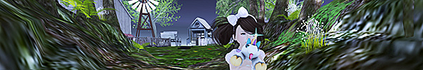 A child avatar stands in a clearing at night. Behind her are trees, a house, and a windmill.