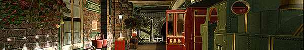 Panoramic view of the train station at the Goatswood sim in Second Life
