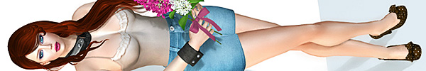 Head-to-toe portrait of a female avatar in denim shorts, a cotton top, and holding a springtime bouquet of flowers. Note that the vertical portrait is turned sideways so it can be seen in the long horizontal strip of this photo layout
