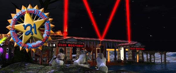 Vanessa Blaylock and 2 gorillas sit on a small island across the water from Club Morpheus. The scene is at night and 4 high-powered lasers shoot 20-plus meters into the sky to form a giant red "M"