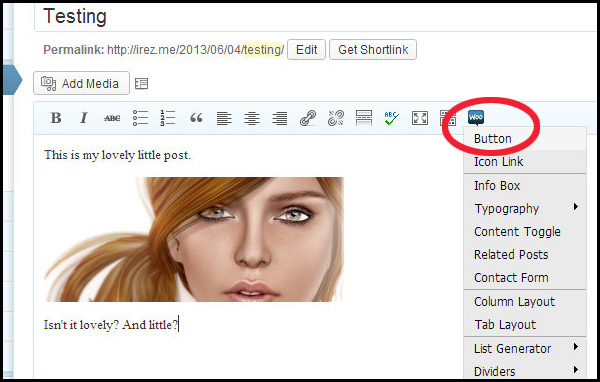 Image of WordPress backend showing selecting the woo menu and the button option