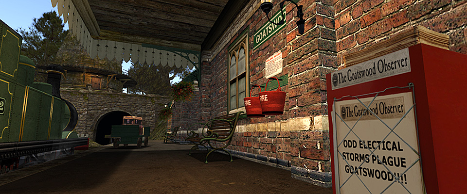 Exterior of a porch area in front of a brick building on the Goatswood sim in the virtual world of Second Life
