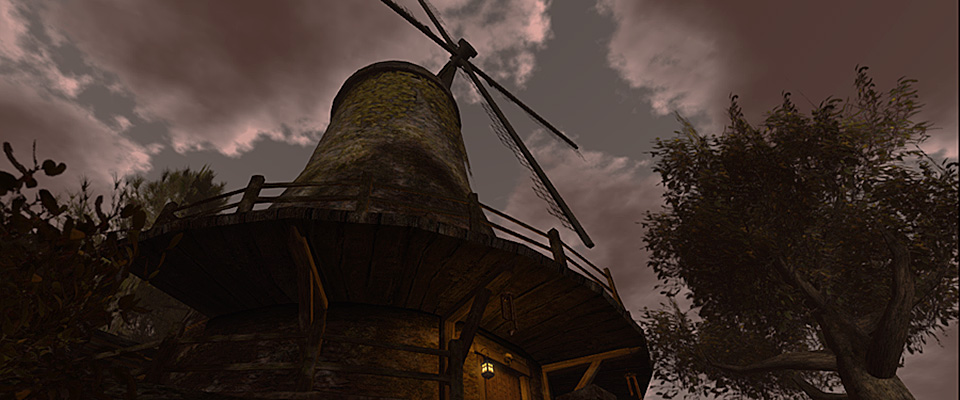 steep up-looking angle on a classic Dutch-looking windmill in the Goatswood sim of Second Life
