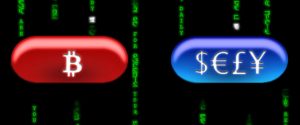 Red and Blue pills from the matrix and over a green matrix code background, but in this illustration the red pill is labeled Bitcoin, and the blue pill has the symbols for Dollars, Euros, Pounds, Yen, making an analogy between Bitcoin's alt currency and our alt avatar ball