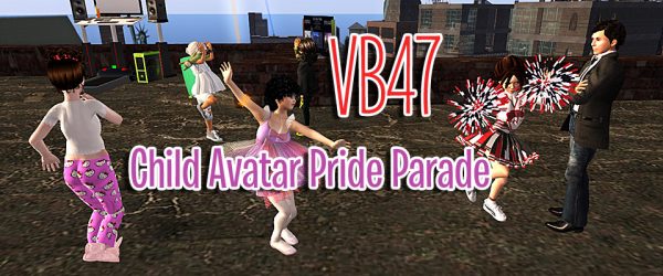 VB47 Child Avatar Pride Parade: child avatars Calliope Lexington, Gina Broono, Betty Tureaud, Pixel Reanimator, Vanessa Blaylock, and Subodim Ansar dance on the rooftop of Fiona Blaylock and Vanessa Blaylock's NYC apartment
