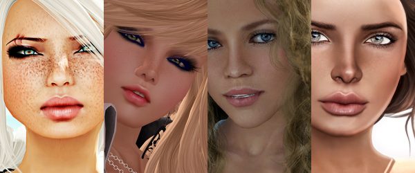 Avatar selfies today. Details of 4 avatar portraits. Close crops of the faces of Darkley Aeon, Monerda Skute, Connie Arida, and Strawberry Singh