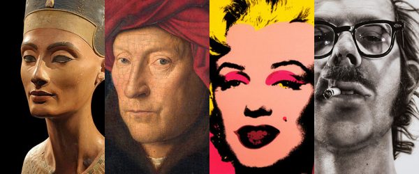 Avatar selfies from history. Details of 4 iconic portraits from art history: Nefertiti, van Eyck, Andy Warhol's Marilyn, and Chuck Close