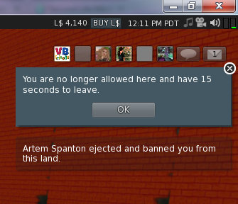 Screen Cap of Firestorm Second Life viewer. Shows that user has been ejected and banned from Virtual Moscow.