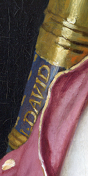 Open Content Program The Getty. Detail of The Farewell of Telemachus and Eucharis. Jacques-Louis David's "David" name painted on the scroll case carried on Eucharis back.