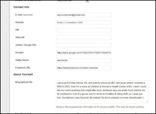 ScreenCap of WordPress Author Profile box showing Biographical Info box.