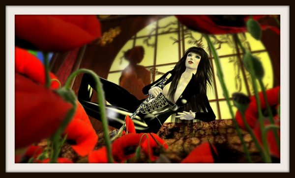 The clothed avatar. Lizzy Bowman in goth makup and a latex catsuit smokes opium at Trilby Minotaur's opium den in virtual Amsterdam.
