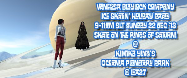 Panoramic photograph of Vanessa Blaylock & Kimika Ying ice skating on the rings of saturn at Oceania Planetary Park at LEA27 in Second Life.