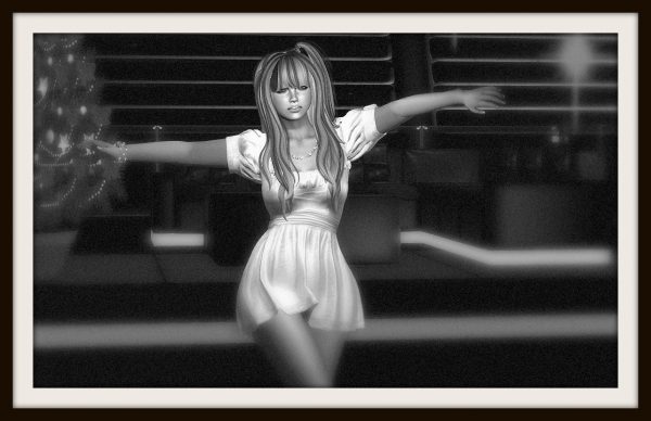 Grainy black-and-white photo of a blonde, Russian Avatar, Snezjka, dancing in a dark club: Russian Club Luxor