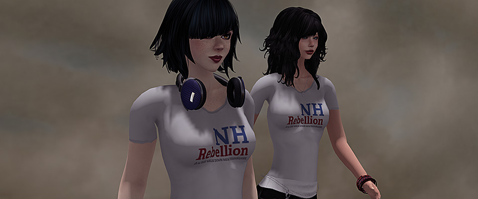 Vanessa Blaylock and Merriam Galaxy walking down the street in Virtual New Hampshire and wearing "NH Rebellion" t-shirts