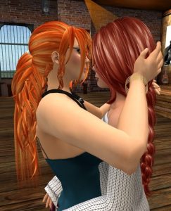 Two avatars dancing close and almost kissing