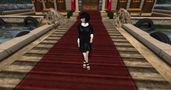 Vanessa Blaylock in front of the Governor's Mansion in Turkey. An example of viewer camera offset showing the SL default front camera.